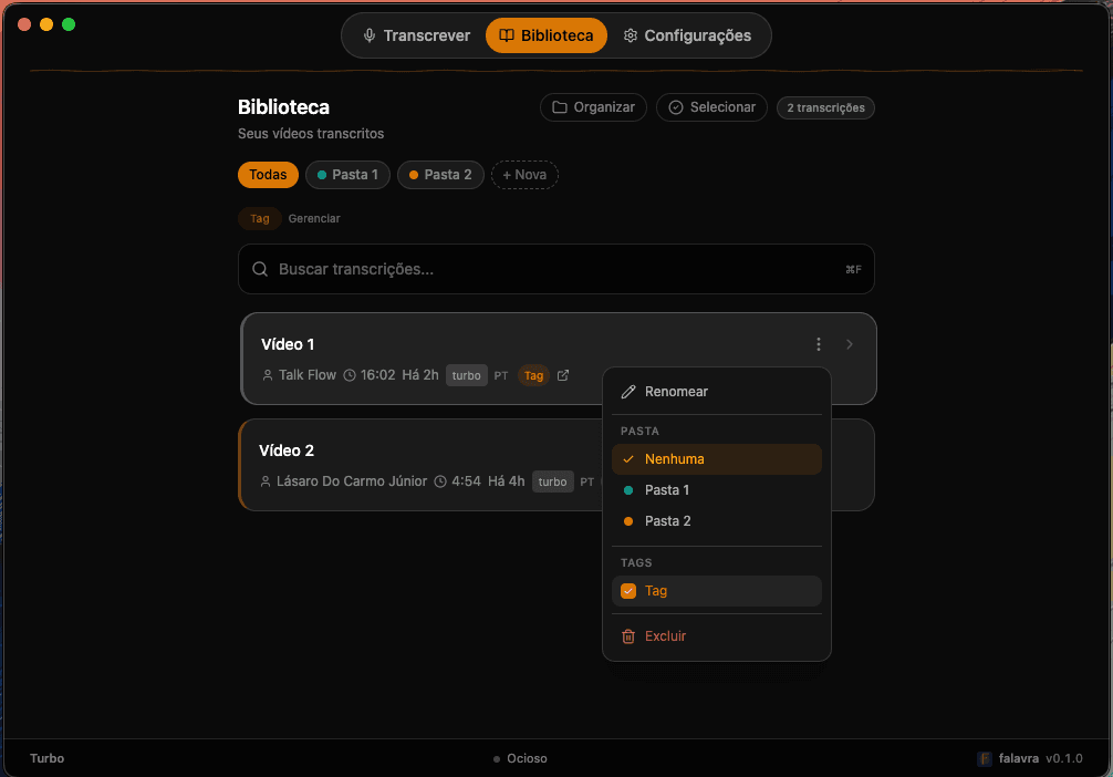 Library with folders, tags, and search