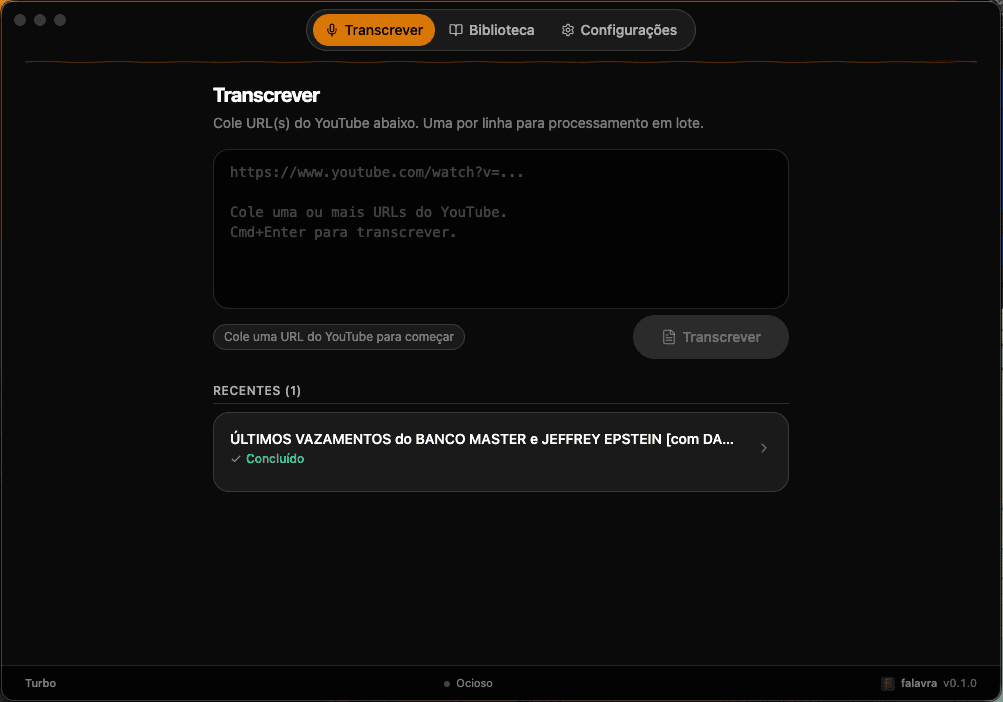 falavra main window showing transcription